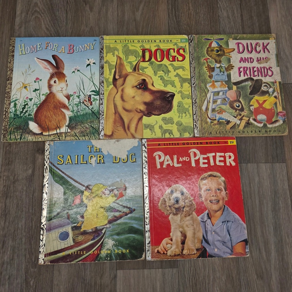 Lot of 5 Vintage Little Golden Books Animal Themed 1940s-1960s Sailor Dog Bunny